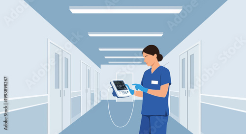 Nurse in blue scrubs with medical monitor in hospital hallway