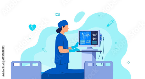 Nurse in ICU monitoring patient vital signs on a medical monitor