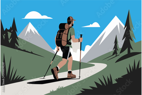 Illustration of a hiker walking on a mountain trail with a backpack and trekking poles