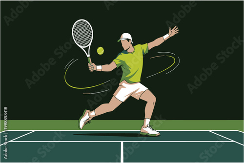 Professional tennis player hitting a powerful forehand shot on a court