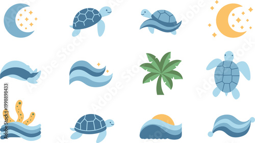 Collection of stylized flat featuring sea turtles, waves, moon, stars, palm tree, and coral ocean water