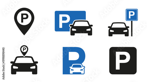 Vehicle parking zone collection in flat vector style, car arrival, transit location, street sign, transport, and safety