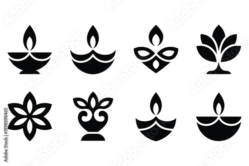 Set of diwali diya lamp icons, traditional indian oil lamps for festival of lights