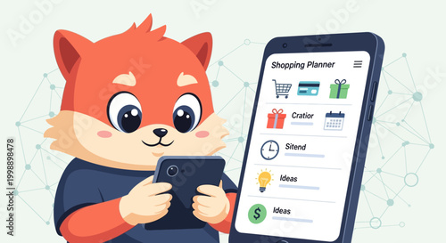 Cartoon character using a mobile shopping app.