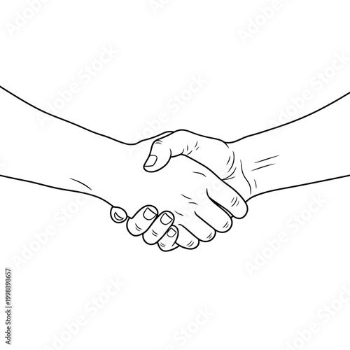 Close up outline drawing of two hands shaking in agreement with line art handshake agreement business partnership greeting