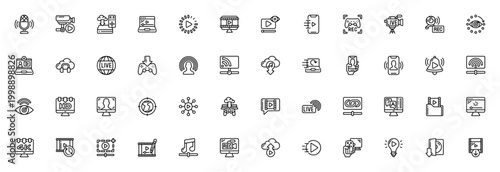 Streaming icon set. Vector icons pack for live broadcast, webcam, recording, notification, cloud and HD video. Includes microphone, CCTV, buffer, gameplay and more.