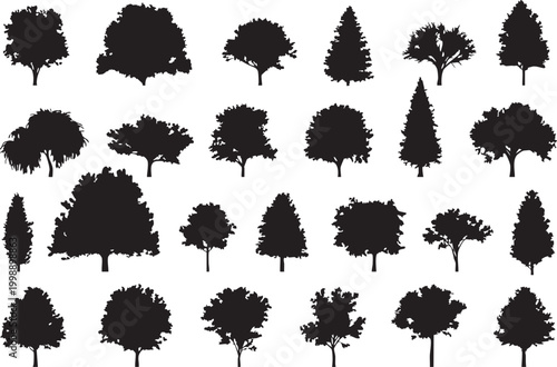 Collection of diverse tree silhouettes representing various species for landscaping and nature design isolated on a white background