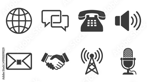 Corporate communication universal icon collection in flat monochrome style, internet, chat, telephone, email, and radio.