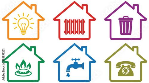Residential utility services collection in a colorful linear format, electricity, heating, waste, water, and communication
