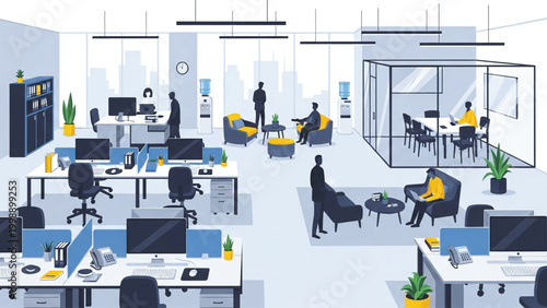 Modern office space with employees working at desks and meeting in a conference room with city view.