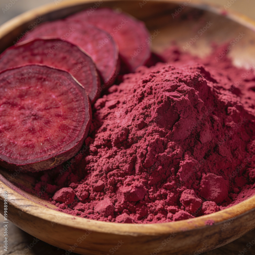 Obraz premium Organic beet powder with sliced fresh beetroot in wooden bowl, healthy natural vegetable powder for nutrition, wellness, skincare, and superfood supplement concept, isolated close-up image.