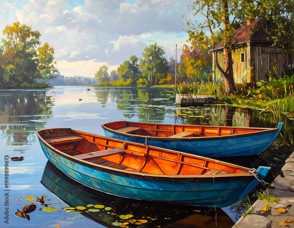 Obraz premium Serene Lakeside Scene with Tranquil Waters and Moored Boats on a Calm Day