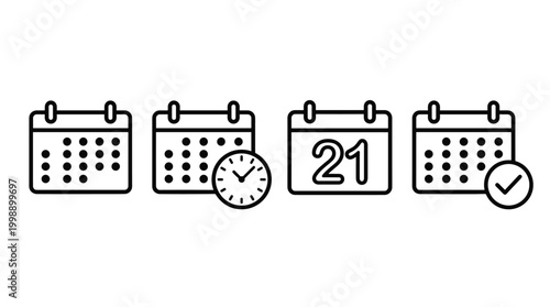 Calendar time management system collection in minimalist outline style, daily tasks, deadline scheduling, dates, and reminders