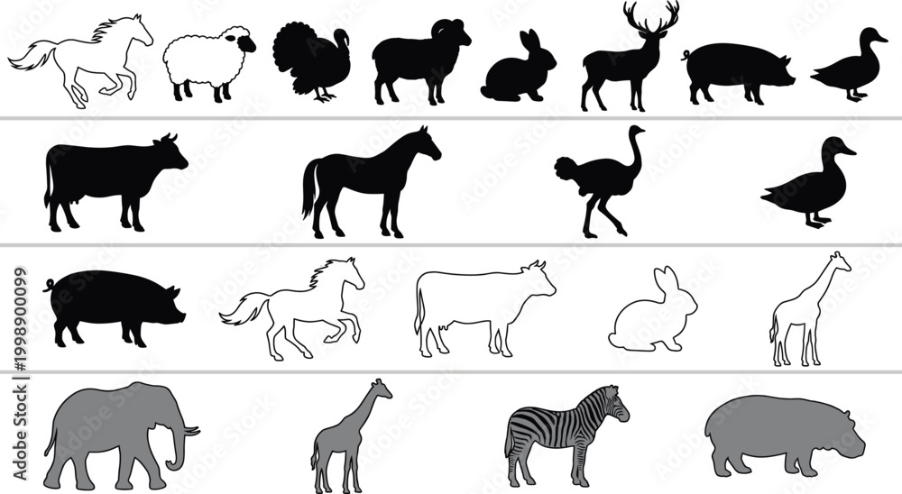 Fototapeta premium Farm and Wild Animal Silhouettes Collection with Livestock Birds and Safari Animals Vector Set