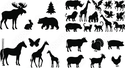 Canvas Print Animal Silhouette Mega Collection with Wild Farm and Fantasy Creatures Vector Se
