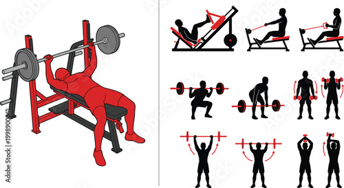 Bench press workout illustration with barbell exercises strength training routines and gym fitness silhouette collection