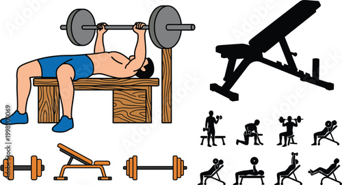 Bench press workout illustration with gym equipment barbell exercises and strength training silhouette set collection