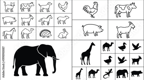 Photography Farm and Wild Animal Silhouette Set Collection with Elephant Giraffe Livestock a