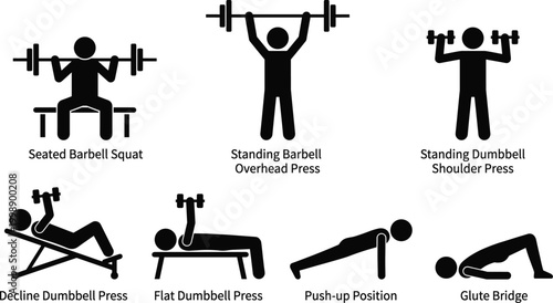 Strength training exercise icons set with barbell squat shoulder press push up and dumbbell workout illustrations