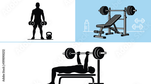 Gym fitness illustration set with bench press barbell dumbbell workout equipment and strength training silhouettes