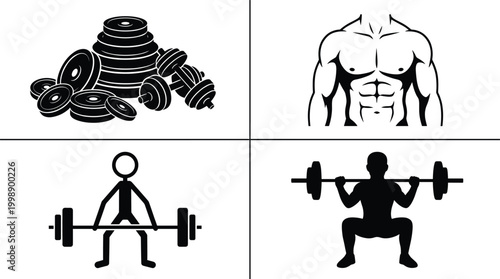 Weightlifting and fitness icons set with barbell plates muscular body and squat exercise silhouettes collection