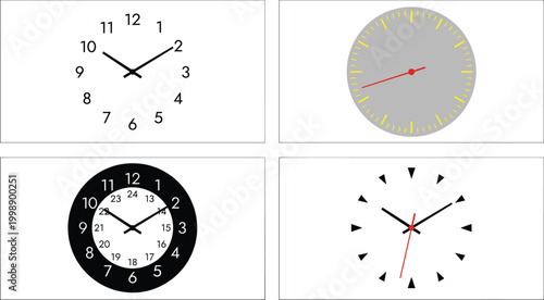 Wall Clock Variations Set with Modern Minimal Classic and 24 Hour Dial Designs Vector