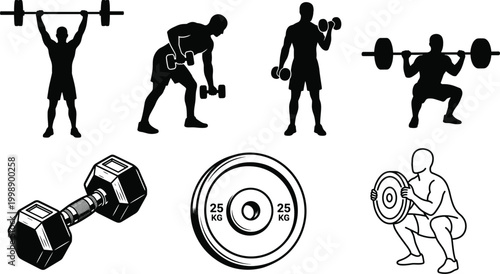Weightlifting and gym equipment silhouette set with barbell dumbbell squat and strength training exercise collection
