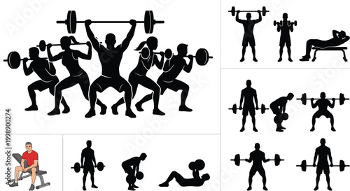 Weightlifting silhouette set featuring barbell squat bench press and strength training workout exercise collection