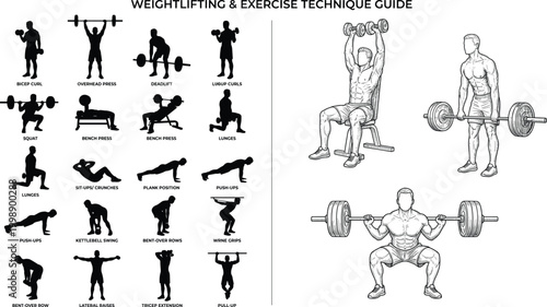 Weightlifting exercise technique guide with gym workout silhouettes strength training movements and fitness instruction illustrations
