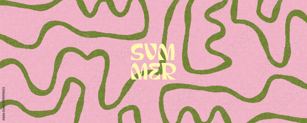 Naklejka premium Summer horizontal abstract background with green hand drawn curved lines on pink. Modern art minimalist style design template for sales, horizontal poster, header, cover, social media, fashion ads.