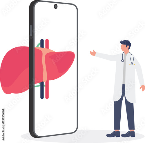 Doctor analyzing a human liver via mobile screen