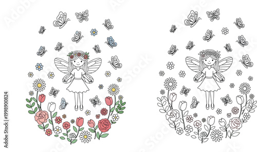 Cute Fairy Character with Butterflies and Spring Flowers, Coloring Book Illustration for Kids and Colored Version, Magical Nature Fantasy Hand Drawn Doodle Art for Creative Projects
