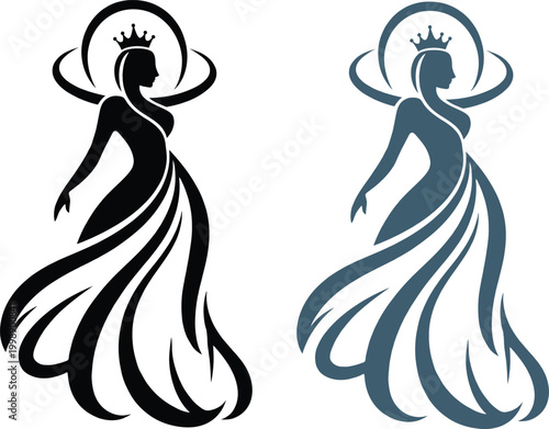 Elegant Queen Silhouette Vector Logo - Graceful Woman with Crown Design. Beauty and Fashion Symbol.