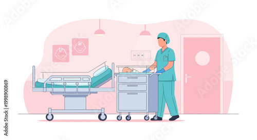 Nurse pushing newborn baby in incubator on cart in hospital room