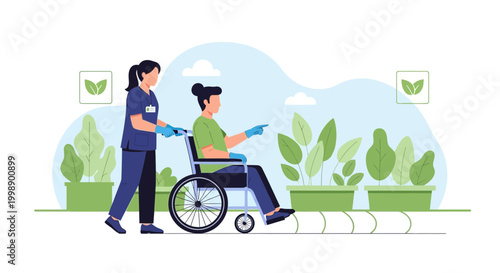Nurse pushing patient in wheelchair through garden, promoting wellness and care