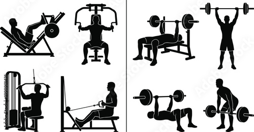 Gym workout silhouettes with weight machines bench press deadlift and strength training exercise collection set