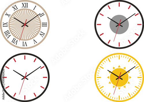 Modern and Classic Wall Clock Set with Roman Numeral Minimal and Decorative Dial Designs Vector