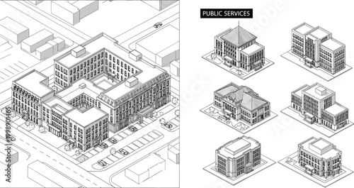 Public services buildings isometric illustration with detailed city block layout and municipal architecture collection