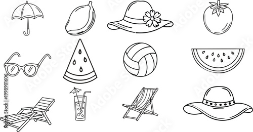 Summer beach symbols, and fruit umbrella