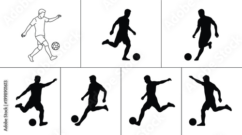 Soccer player running and dribbling silhouettes set with football action poses vector illustration collection