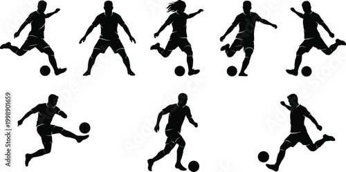 Soccer player silhouette collection with dribbling running kicking and defensive poses football action set