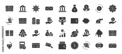 Financial icon set containing money, financial institution, money management, paper money, bank, money bag, investment, and transaction vector icons