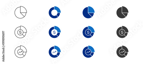 Market Share Icon Set with multiple styles in line, blue color, and glyph vector icons