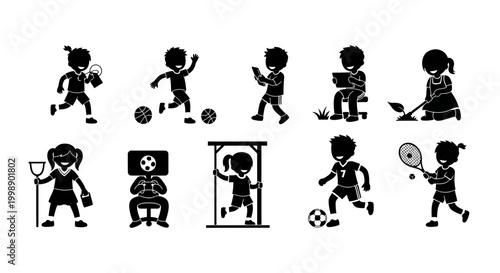 Set of Children Playing Sports and Hobbies Silhouettes