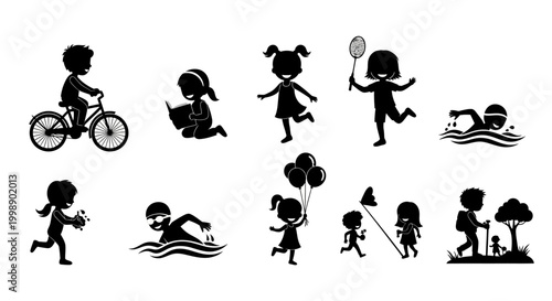 Set of Children Silhouettes Engaging in Various Outdoor Activities and Hobbies