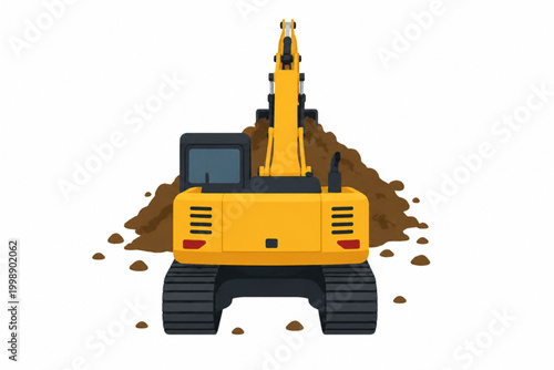 Rear View Excavator Working on Soil Excavation, Heavy Machinery at Construction Site