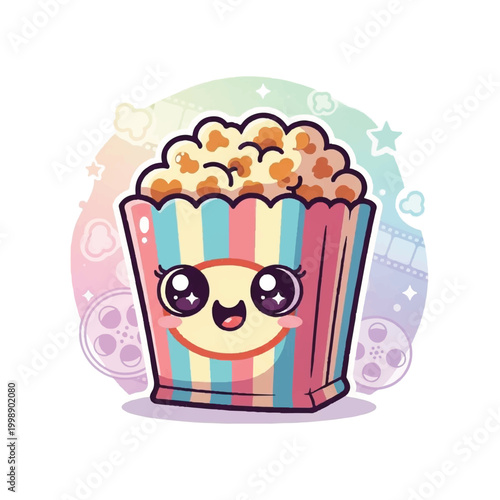 Adorable Kawaii Popcorn Box with Big Sparkling Eyes and Happy Smile.