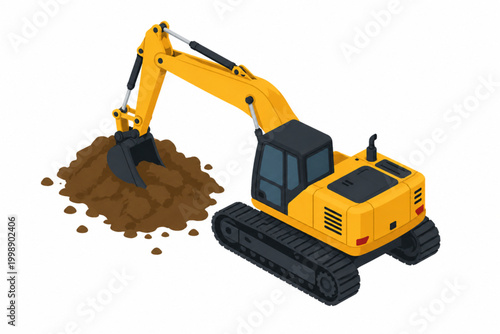 Excavator Digging Soil Pile, Construction Machinery Working on Earthmoving Project