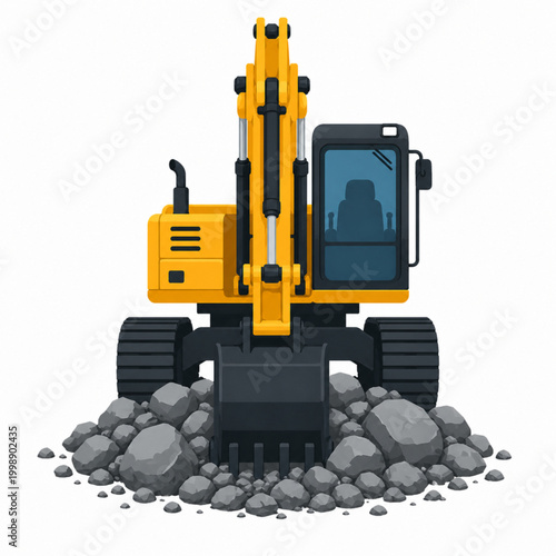 Front View Excavator Digging Rocks and Gravel, Heavy Construction Equipment Isolated on White