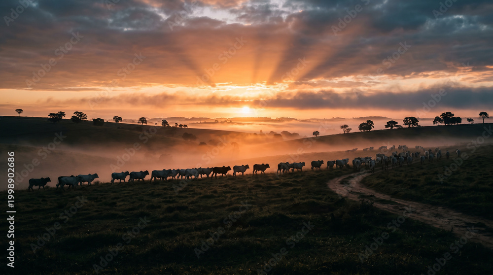 Obraz premium Paisagem rural com gado no pasto durante luz dourada do entardecer